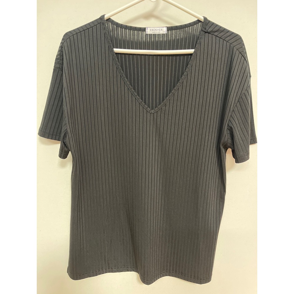 Ekouaer Black Ribbed V-Neck Short Sleeve Top Relaxed Fit Tee Medium